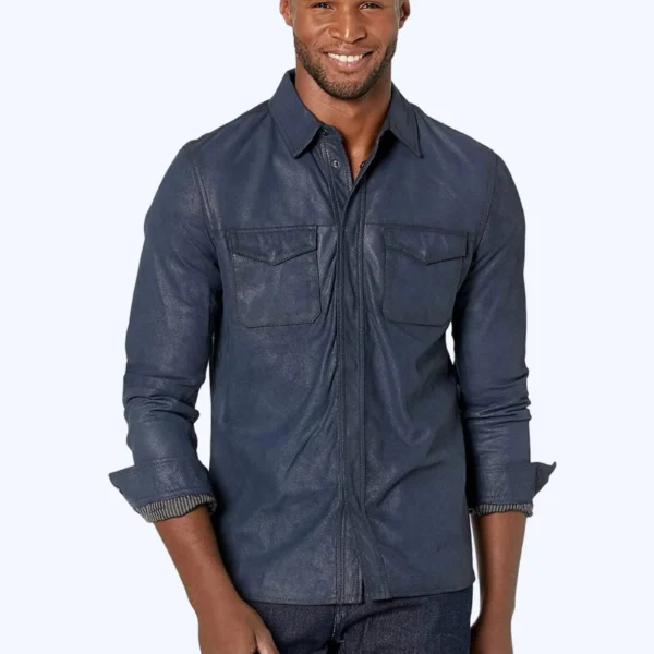 Casual Blue Leather Shirt Front Image