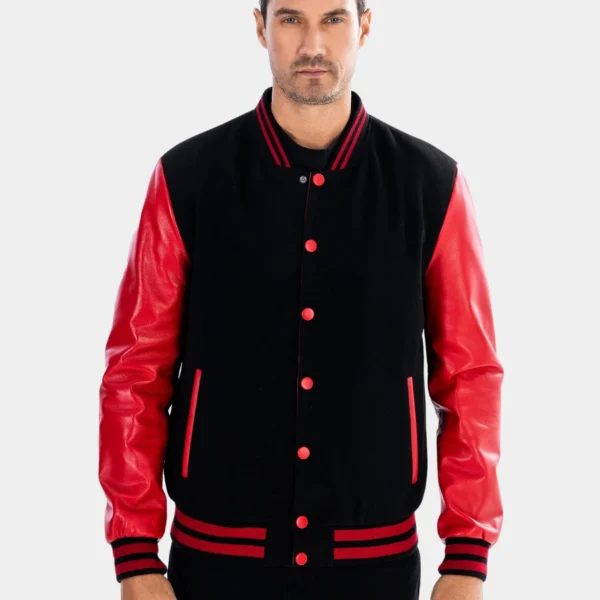 Classic Black & Red College Varsity Jacket Front Image